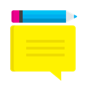pencil, message bubble, Design, customer feedback, Chat, support, improvements Yellow icon