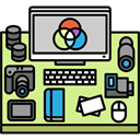 desk, utensils, Workspace, reflex, profession, photo camera, Photographer, office Khaki icon