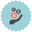 Hand, Bitcoin, Euro, Money, Dollar, ecommerce, Coins LightBlue icon