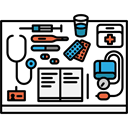 Workspace, doctor, desk, office, utensils, profession Black icon