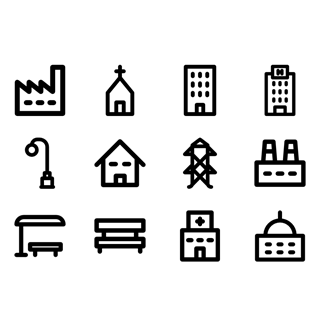 City and buildings linear icon packages