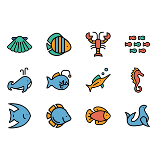 Sea life linear color icon packages