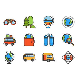 Travel linear color icon packages