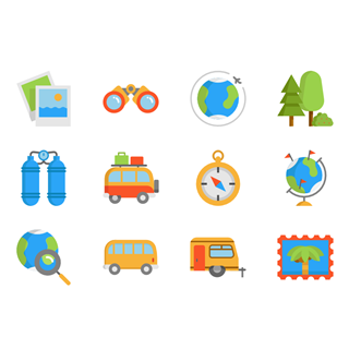 Travel flat color icon packages